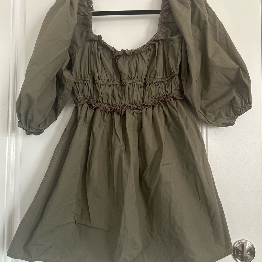Olive Green Puff Sleeve Smocked Mini Dress